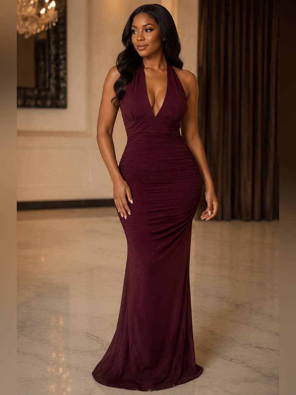 Windsor Burgundy Ruched Halter Open-Back Maxi Dress Size M